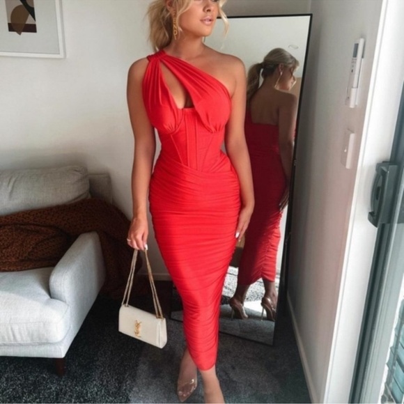 NWOT House of CB Valentina Scarlet Red Cutout Midi Dress sz XS PLUS CUP - Picture 5 of 11